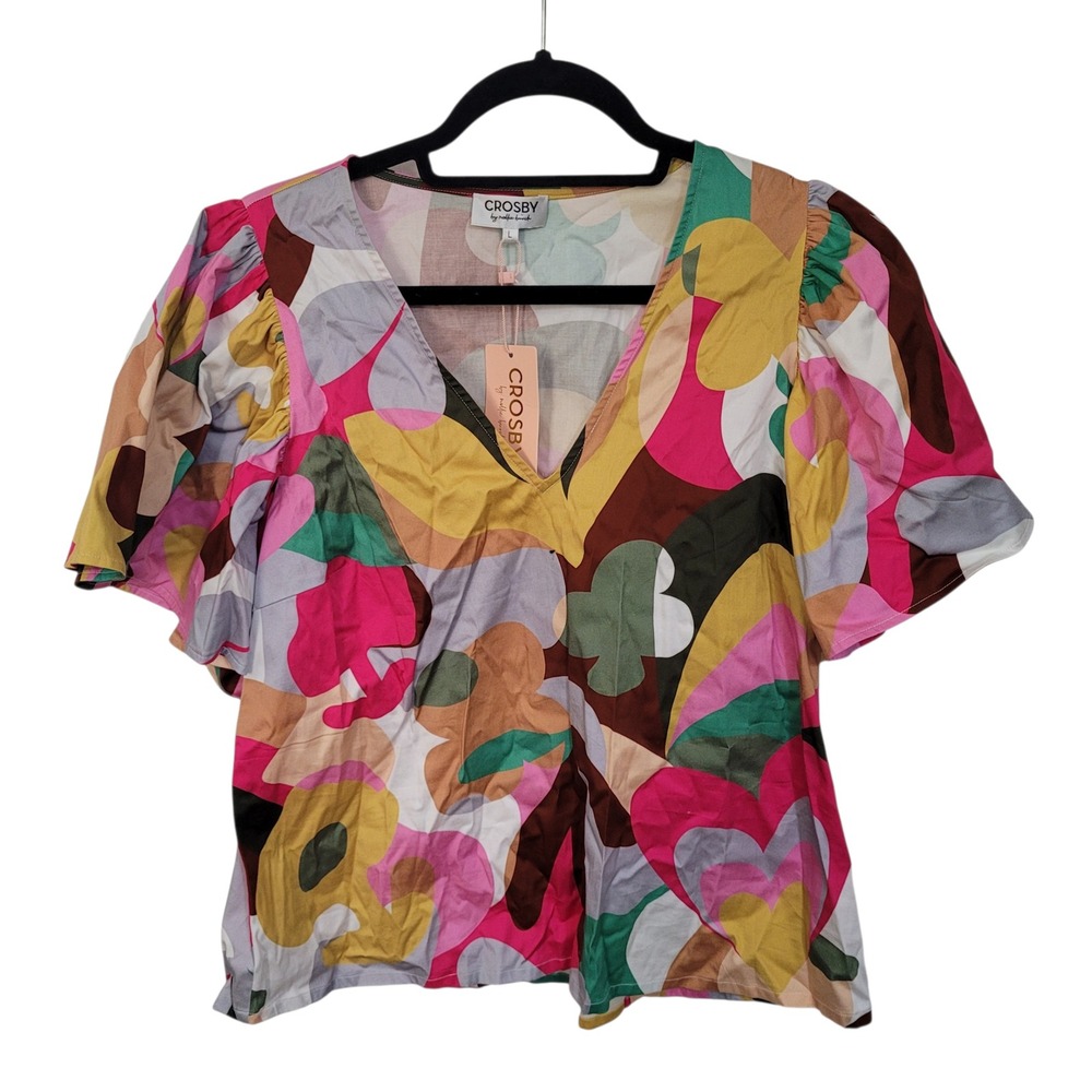 Crosby by Mollie Burch Bettina‎ Top Multicolor Abstract Puff Sleeve Blouse L NWT